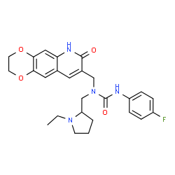 ChemSpider 2D Image | 1-[(1-Ethyl-2-pyrrolidinyl)methyl]-3-(4-fluorophenyl)-1-[(7-oxo-2,3,6,7-tetrahydro[1,4]dioxino[2,3-g]quinolin-8-yl)methyl]urea | C26H29FN4O4