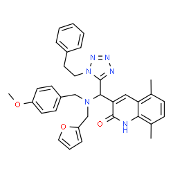 ChemSpider 2D Image | 3-{[(2-Furylmethyl)(4-methoxybenzyl)amino][1-(2-phenylethyl)-1H-tetrazol-5-yl]methyl}-5,8-dimethyl-2(1H)-quinolinone | C34H34N6O3