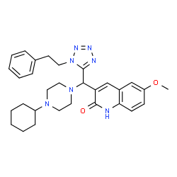 ChemSpider 2D Image | 3-{(4-Cyclohexyl-1-piperazinyl)[1-(2-phenylethyl)-1H-tetrazol-5-yl]methyl}-6-methoxy-2(1H)-quinolinone | C30H37N7O2