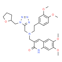 ChemSpider 2D Image | 3-[([2-(3,4-Dimethoxyphenyl)ethyl]{[1-(tetrahydro-2-furanylmethyl)-1H-tetrazol-5-yl]methyl}amino)methyl]-6,7-dimethoxy-2(1H)-quinolinone | C29H36N6O6