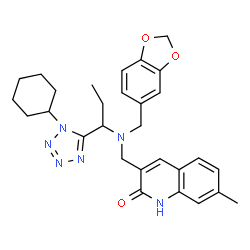ChemSpider 2D Image | 3-({(1,3-Benzodioxol-5-ylmethyl)[1-(1-cyclohexyl-1H-tetrazol-5-yl)propyl]amino}methyl)-7-methyl-2(1H)-quinolinone | C29H34N6O3