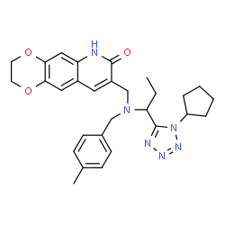 ChemSpider 2D Image | 8-({[1-(1-Cyclopentyl-1H-tetrazol-5-yl)propyl](4-methylbenzyl)amino}methyl)-2,3-dihydro[1,4]dioxino[2,3-g]quinolin-7(6H)-one | C29H34N6O3