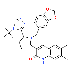 ChemSpider 2D Image | 3-{[(1,3-Benzodioxol-5-ylmethyl){1-[1-(2-methyl-2-propanyl)-1H-tetrazol-5-yl]propyl}amino]methyl}-6,7-dimethyl-2(1H)-quinolinone | C28H34N6O3