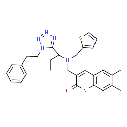 ChemSpider 2D Image | 6,7-Dimethyl-3-{[{1-[1-(2-phenylethyl)-1H-tetrazol-5-yl]propyl}(2-thienylmethyl)amino]methyl}-2(1H)-quinolinone | C29H32N6OS