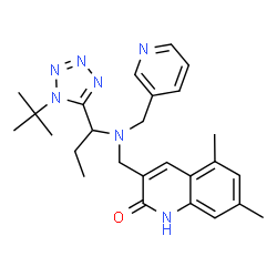 ChemSpider 2D Image | 5,7-Dimethyl-3-{[{1-[1-(2-methyl-2-propanyl)-1H-tetrazol-5-yl]propyl}(3-pyridinylmethyl)amino]methyl}-2(1H)-quinolinone | C26H33N7O