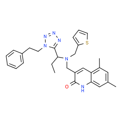ChemSpider 2D Image | 5,7-Dimethyl-3-{[{1-[1-(2-phenylethyl)-1H-tetrazol-5-yl]propyl}(2-thienylmethyl)amino]methyl}-2(1H)-quinolinone | C29H32N6OS