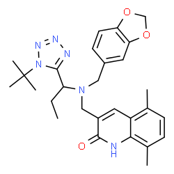 ChemSpider 2D Image | 3-{[(1,3-Benzodioxol-5-ylmethyl){1-[1-(2-methyl-2-propanyl)-1H-tetrazol-5-yl]propyl}amino]methyl}-5,8-dimethyl-2(1H)-quinolinone | C28H34N6O3