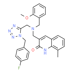 ChemSpider 2D Image | 3-{[{[1-(4-Fluorobenzyl)-1H-tetrazol-5-yl]methyl}(2-methoxybenzyl)amino]methyl}-8-methyl-2(1H)-quinolinone | C28H27FN6O2