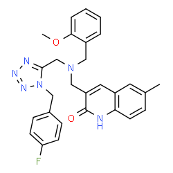 ChemSpider 2D Image | 3-{[{[1-(4-Fluorobenzyl)-1H-tetrazol-5-yl]methyl}(2-methoxybenzyl)amino]methyl}-6-methyl-2(1H)-quinolinone | C28H27FN6O2