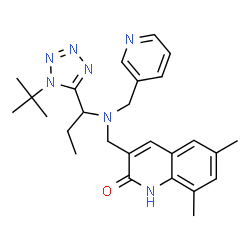 ChemSpider 2D Image | 6,8-Dimethyl-3-{[{1-[1-(2-methyl-2-propanyl)-1H-tetrazol-5-yl]propyl}(3-pyridinylmethyl)amino]methyl}-2(1H)-quinolinone | C26H33N7O