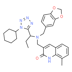 ChemSpider 2D Image | 3-({(1,3-Benzodioxol-5-ylmethyl)[1-(1-cyclohexyl-1H-tetrazol-5-yl)propyl]amino}methyl)-8-methyl-2(1H)-quinolinone | C29H34N6O3