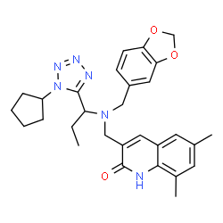 ChemSpider 2D Image | 3-({(1,3-Benzodioxol-5-ylmethyl)[1-(1-cyclopentyl-1H-tetrazol-5-yl)propyl]amino}methyl)-6,8-dimethyl-2(1H)-quinolinone | C29H34N6O3