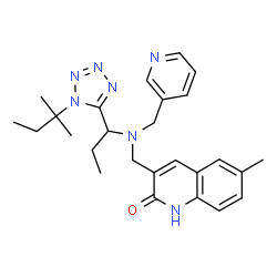 ChemSpider 2D Image | 6-Methyl-3-{[{1-[1-(2-methyl-2-butanyl)-1H-tetrazol-5-yl]propyl}(3-pyridinylmethyl)amino]methyl}-2(1H)-quinolinone | C26H33N7O