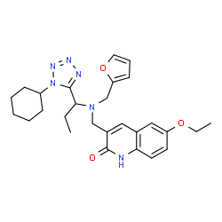 ChemSpider 2D Image | 3-({[1-(1-Cyclohexyl-1H-tetrazol-5-yl)propyl](2-furylmethyl)amino}methyl)-6-ethoxy-2(1H)-quinolinone | C27H34N6O3