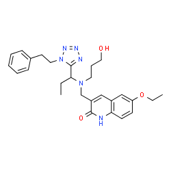 ChemSpider 2D Image | 6-Ethoxy-3-{[(3-hydroxypropyl){1-[1-(2-phenylethyl)-1H-tetrazol-5-yl]propyl}amino]methyl}-2(1H)-quinolinone | C27H34N6O3