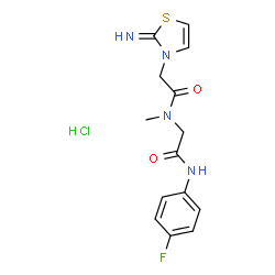 ChemSpider 2D Image | N-(4-Fluorophenyl)-N~2~-[(2-imino-1,3-thiazol-3(2H)-yl)acetyl]-N~2~-methylglycinamide hydrochloride (1:1) | C14H16ClFN4O2S
