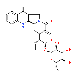 ChemSpider 2D Image | (3S,4R,4aS,5aS)-11,14-Dioxo-4-vinyl-3,4,4a,5,5a,6,11,12-octahydro-14H-pyrano[3',4':6,7]indolizino[1,2-b]quinolin-3-yl beta-L-glucopyranoside | C26H28N2O9