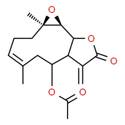 ChemSpider 2D Image | (1aR,4Z,10bS)-1a,5-Dimethyl-8-methylene-9-oxo-1a,2,3,6,7,7a,8,9,10a,10b-decahydrooxireno[9,10]cyclodeca[1,2-b]furan-7-yl acetate | C17H22O5