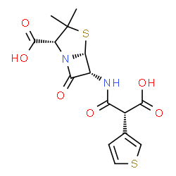 ChemSpider 2D Image | (2R,5R,6R)-6-{[(2R)-2-Carboxy-2-(3-thienyl)acetyl]amino}-3,3-dimethyl-7-oxo-4-thia-1-azabicyclo[3.2.0]heptane-2-carboxylic acid | C15H16N2O6S2