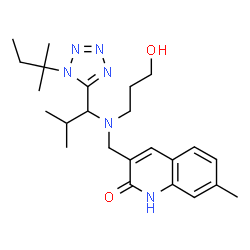 ChemSpider 2D Image | 3-{[(3-Hydroxypropyl){2-methyl-1-[1-(2-methyl-2-butanyl)-1H-tetrazol-5-yl]propyl}amino]methyl}-7-methyl-2(1H)-quinolinone | C24H36N6O2