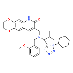 ChemSpider 2D Image | 8-({[1-(1-Cyclohexyl-1H-tetrazol-5-yl)-2-methylpropyl](2-methoxybenzyl)amino}methyl)-2,3-dihydro[1,4]dioxino[2,3-g]quinolin-7(6H)-one | C31H38N6O4