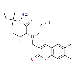 ChemSpider 2D Image | 3-{[(2-Hydroxyethyl){2-methyl-1-[1-(2-methyl-2-butanyl)-1H-tetrazol-5-yl]propyl}amino]methyl}-6,7-dimethyl-2(1H)-quinolinone | C24H36N6O2