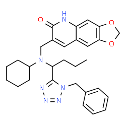 ChemSpider 2D Image | 7-({[1-(1-Benzyl-1H-tetrazol-5-yl)butyl](cyclohexyl)amino}methyl)[1,3]dioxolo[4,5-g]quinolin-6(5H)-one | C29H34N6O3