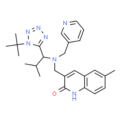 ChemSpider 2D Image | 6-Methyl-3-{[{2-methyl-1-[1-(2-methyl-2-propanyl)-1H-tetrazol-5-yl]propyl}(3-pyridinylmethyl)amino]methyl}-2(1H)-quinolinone | C26H33N7O