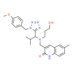 ChemSpider 2D Image | 3-{[(3-Hydroxypropyl){1-[1-(4-methoxybenzyl)-1H-tetrazol-5-yl]-2-methylpropyl}amino]methyl}-6-methyl-2(1H)-quinolinone | C27H34N6O3
