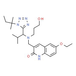 ChemSpider 2D Image | 6-Ethoxy-3-{[(3-hydroxypropyl){2-methyl-1-[1-(2-methyl-2-butanyl)-1H-tetrazol-5-yl]propyl}amino]methyl}-2(1H)-quinolinone | C25H38N6O3