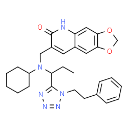 ChemSpider 2D Image | 7-[(Cyclohexyl{1-[1-(2-phenylethyl)-1H-tetrazol-5-yl]propyl}amino)methyl][1,3]dioxolo[4,5-g]quinolin-6(5H)-one | C29H34N6O3