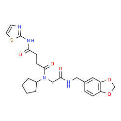 ChemSpider 2D Image | N-{2-[(1,3-Benzodioxol-5-ylmethyl)amino]-2-oxoethyl}-N-cyclopentyl-N'-(1,3-thiazol-2-yl)succinamide | C22H26N4O5S