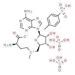 ChemSpider 2D Image | (2R)-2-amino-4-[[(2S,3S,4R,5R)-5-(6-aminopurin-9-yl)-3,4-dihydroxy-tetrahydrofuran-2-yl]methyl-methyl-sulfonio]butanoate; 4-methylbenzenesulfonic acid; sulfuric acid | C22H34N6O16S4