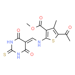 ChemSpider 2D Image | Methyl 5-acetyl-2-{[(4,6-dioxo-2-thioxotetrahydro-5(2H)-pyrimidinylidene)methyl]amino}-4-methyl-3-thiophenecarboxylate | C14H13N3O5S2