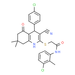 ChemSpider 2D Image | N-(3-Chloro-2-methylphenyl)-2-{[4-(4-chlorophenyl)-3-cyano-7,7-dimethyl-5-oxo-1,4,5,6,7,8-hexahydro-2-quinolinyl]sulfanyl}acetamide | C27H25Cl2N3O2S