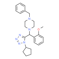 ChemSpider 2D Image | 1-Benzyl-4-[(1-cyclopentyl-1H-tetrazol-5-yl)(2-methoxyphenyl)methyl]piperazine | C25H32N6O