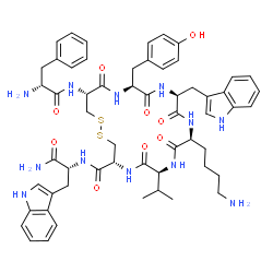 ChemSpider 2D Image | (4R,7S,10S,13S,16S,19R)-10-(4-Aminobutyl)-N-[(2R)-1-amino-3-(1H-indol-3-yl)-1-oxopropan-2-yl]-16-(4-hydroxybenzyl)-13-(1H-indol-3-ylmethyl)-7-isopropyl-6,9,12,15,18-pentaoxo-19-(D-phenylalanylamino)-1,2-dithia-5,8,11,14,17-pentaazacycloicosane-4-carboxamide | C57H70N12O9S2