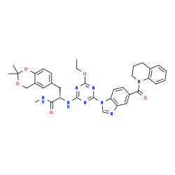 ChemSpider 2D Image | N~2~-{4-[5-(3,4-Dihydro-1(2H)-quinolinylcarbonyl)-1H-benzimidazol-1-yl]-6-ethoxy-1,3,5-triazin-2-yl}-3-(2,2-dimethyl-4H-1,3-benzodioxin-6-yl)-N-methyl-L-alaninamide | C36H38N8O5