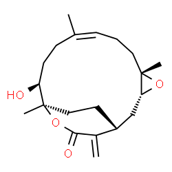 ChemSpider 2D Image | (1R,3R,5S,8Z,12S,13R)-12-Hydroxy-5,9,13-trimethyl-16-methylene-4,14-dioxatricyclo[11.3.2.0~3,5~]octadec-8-en-15-one | C20H30O4