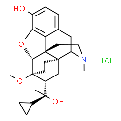 ChemSpider 2D Image | (5alpha,6beta,14beta,18R)-18-[(1S)-1-Cyclopropyl-1-hydroxyethyl]-6-methoxy-17-methyl-18,19-dihydro-4,5-epoxy-6,14-ethenomorphinan-3-ol hydrochloride (1:1) | C25H34ClNO4