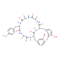 ChemSpider 2D Image | 20,24-Dihydroxy-10-(4-methoxybenzyl)-4,7,9,13,15,29-hexamethyl-22-oxa-3,6,9,12,15,29-hexaazatetracyclo[14.12.2.2~18,21~.1~23,27~]tritriaconta-18,20,23(31),24,26,32-hexaene-2,5,8,11,14,30-hexone | C40H48N6O10