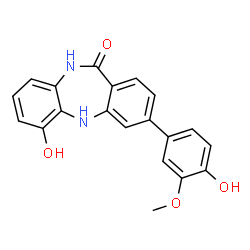 ChemSpider 2D Image | 6-Hydroxy-3-(4-hydroxy-3-methoxyphenyl)-5,10-dihydro-11H-dibenzo[b,e][1,4]diazepin-11-one | C20H16N2O4
