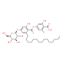 ChemSpider 2D Image | 4-{[4-(beta-D-Glucopyranosyloxy)-2-hydroxy-6-pentadecylbenzoyl]oxy}-2-hydroxy-6-methylbenzoic acid | C36H52O12