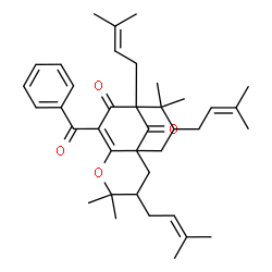 ChemSpider 2D Image | 7-Benzoyl-4,4,10,10-tetramethyl-3,9,11-tris(3-methyl-2-buten-1-yl)-5-oxatricyclo[7.3.1.0~1,6~]tridec-6-ene-8,13-dione | C38H50O4