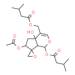 ChemSpider 2D Image | 6-Acetoxy-4a-hydroxy-4-{[(3-methylbutanoyl)oxy]methyl}-4a,5,6,7a-tetrahydro-1H-spiro[cyclopenta[c]pyran-7,2'-oxiran]-1-yl 3-methylbutanoate | C22H32O9