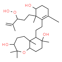 ChemSpider 2D Image | 6-{2-[6-(3-Hydroperoxy-4-methyl-4-penten-1-yl)-5-hydroxy-2,6-dimethyl-1-cyclohexen-1-yl]ethyl}-2,2,5a,7-tetramethyldecahydro-1-benzoxepine-3,7-diol | C30H52O6