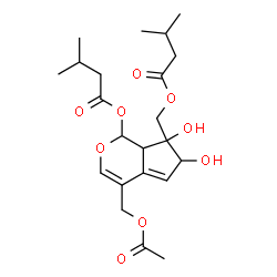 ChemSpider 2D Image | 4-(Acetoxymethyl)-6,7-dihydroxy-7-{[(3-methylbutanoyl)oxy]methyl}-1,6,7,7a-tetrahydrocyclopenta[c]pyran-1-yl 3-methylbutanoate | C22H32O9