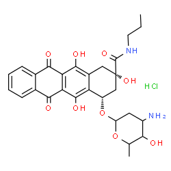 ChemSpider 2D Image | (2S,4S)-4-[(3-Amino-2,3,6-trideoxyhexopyranosyl)oxy]-2,5,12-trihydroxy-6,11-dioxo-N-propyl-1,2,3,4,6,11-hexahydro-2-tetracenecarboxamide hydrochloride (1:1) | C28H33ClN2O9