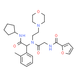 ChemSpider 2D Image | N-(2-{[2-(Cyclopentylamino)-1-(2-methylphenyl)-2-oxoethyl][2-(4-morpholinyl)ethyl]amino}-2-oxoethyl)-2-furamide | C27H36N4O5