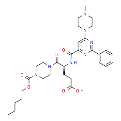 ChemSpider 2D Image | (4S)-4-({[6-(4-Methyl-1-piperazinyl)-2-phenyl-4-pyrimidinyl]carbonyl}amino)-5-oxo-5-{4-[(pentyloxy)carbonyl]-1-piperazinyl}pentanoic acid | C31H43N7O6